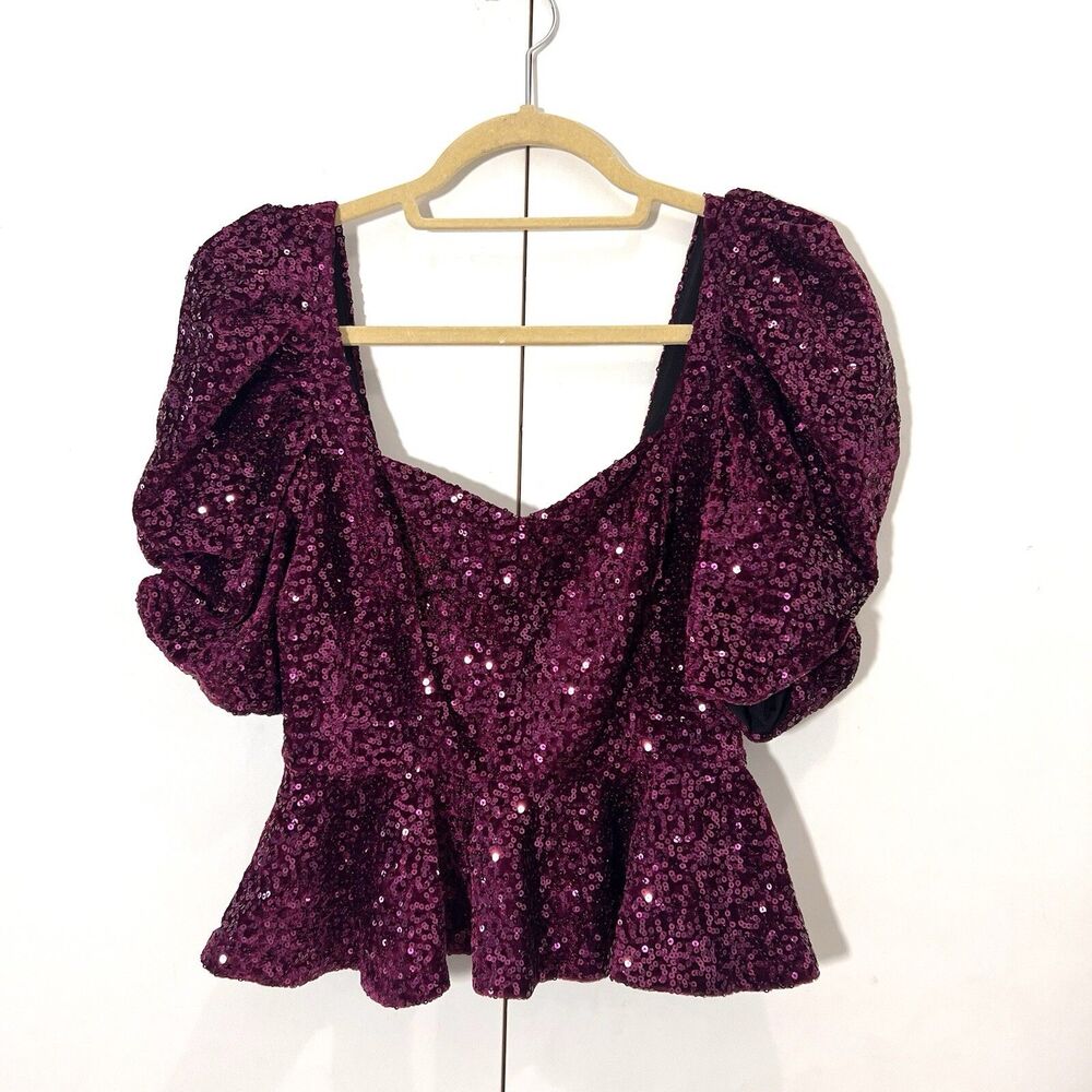 Amanda‎ Uprichard Babydoll Top Womens S Purple Sequins Puff Sleeve Peplum Party